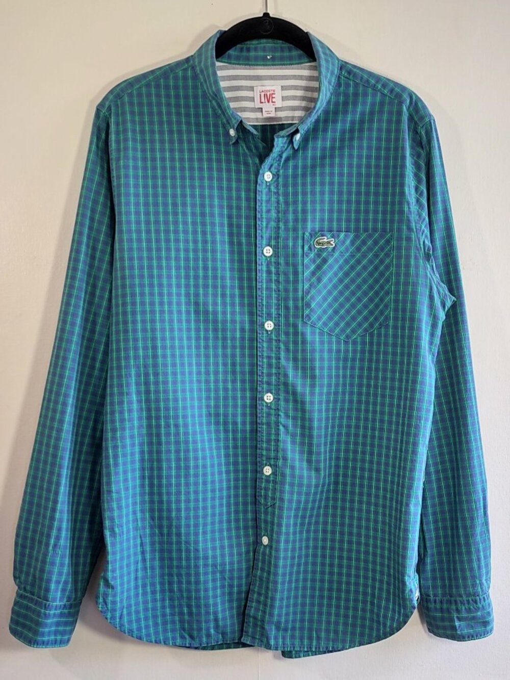 Lacoste LIVE Long Sleeve Button Up Shirt Men's 40 Medium Blue Green Check Casual